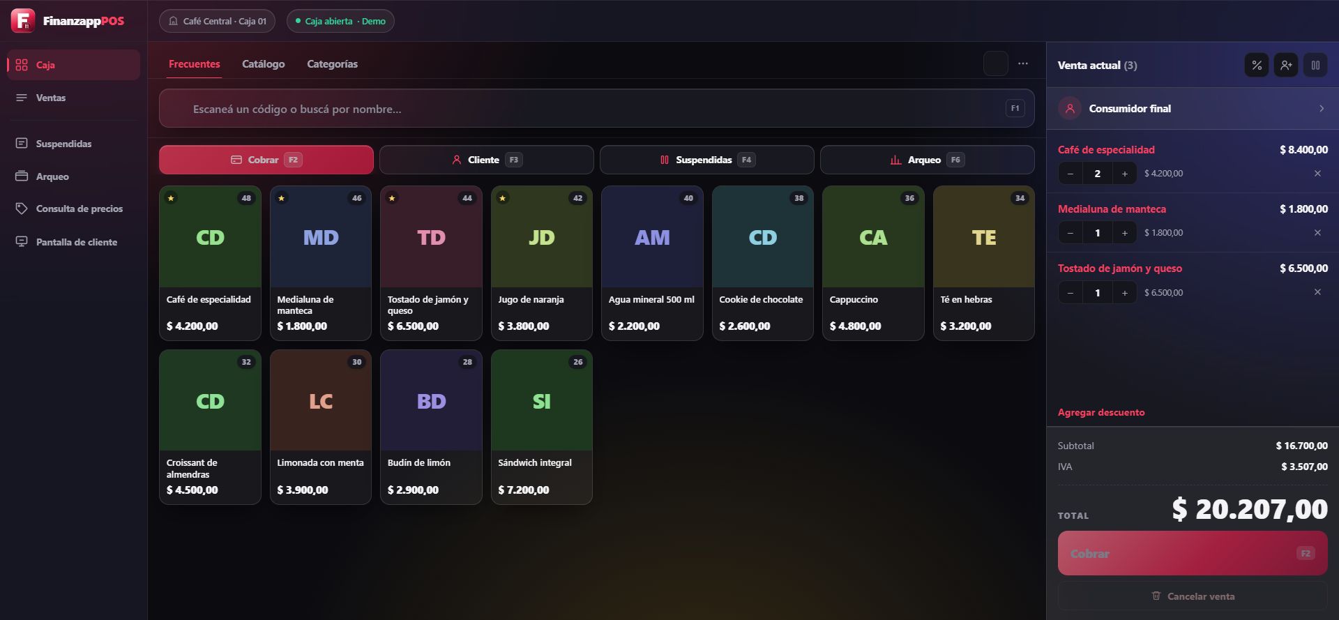FinanzApp POS con catálogo visual, venta en curso y total a cobrar en un café de demostración